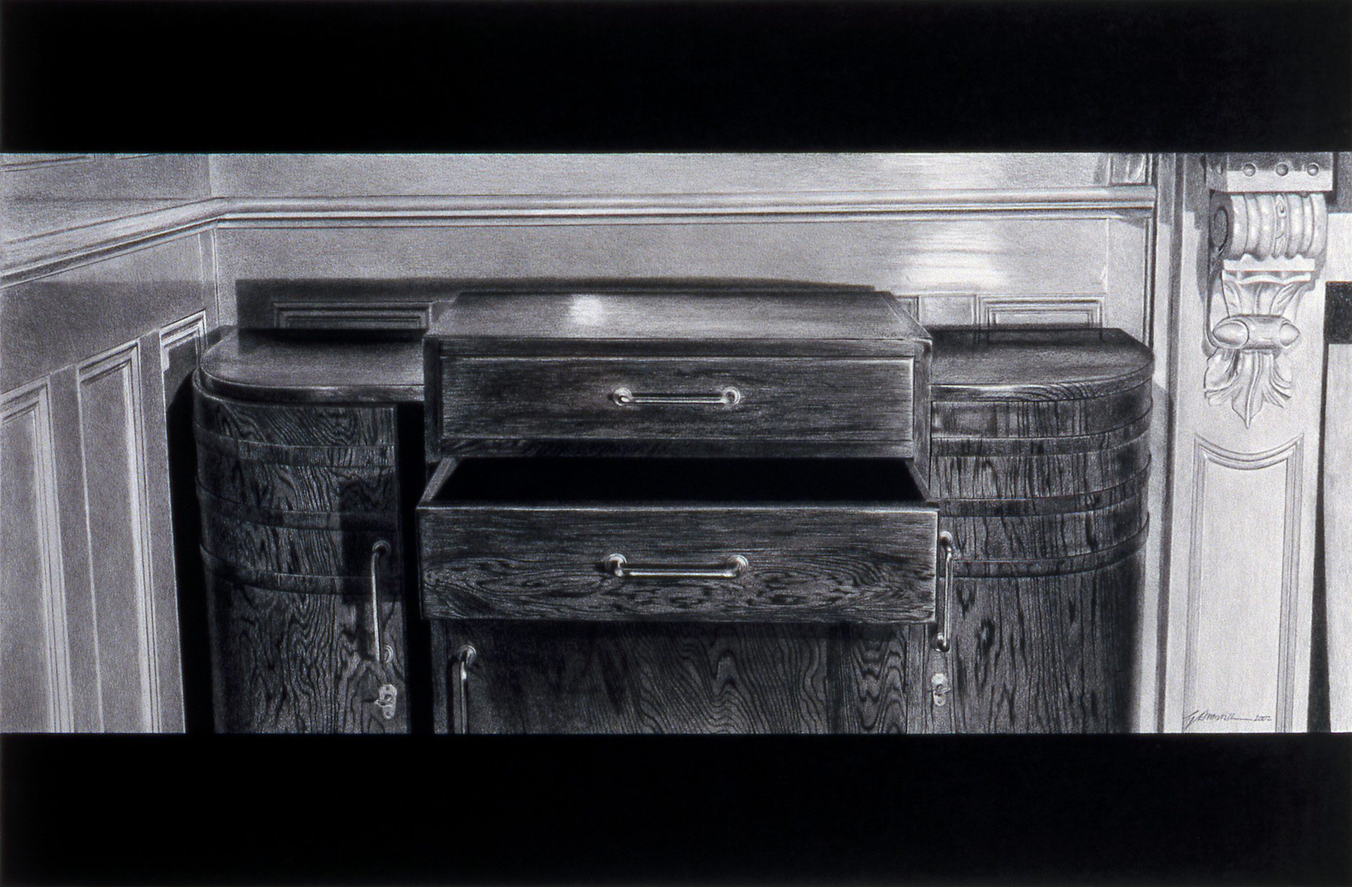 Scene (Cabinet), 2002, pastel and ink on paper, 380 x 580mm, private collection